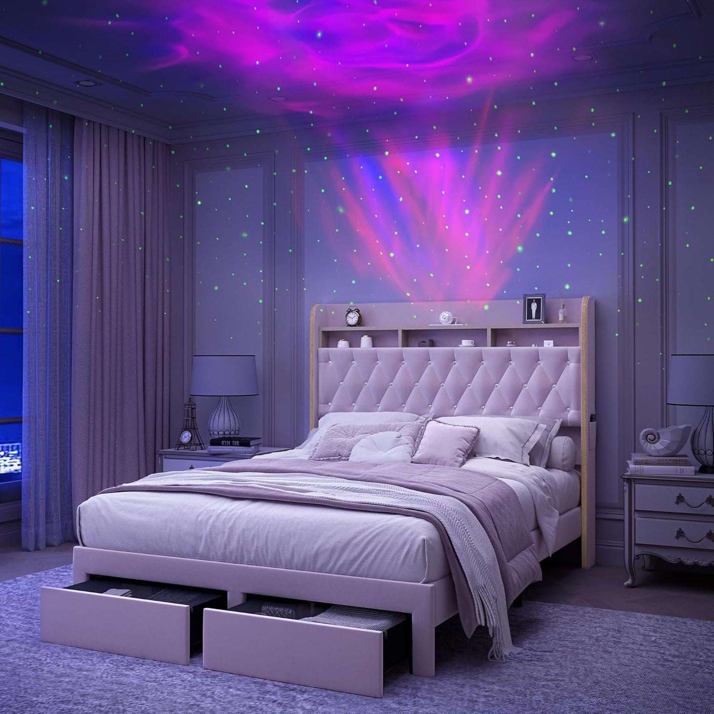 SIBEDS Aurora LED Bed Frame – Velvet Upholstered with Star Projector, Bluetooth Speakers & Storage Drawers