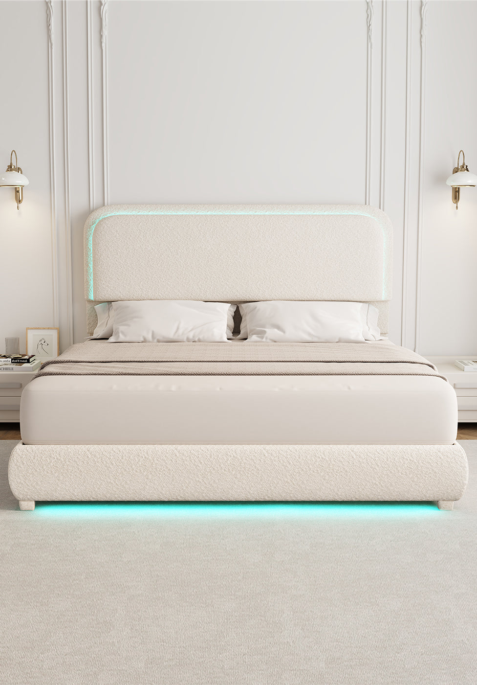 Queen LED Bed Frame with Storage Drawers, King Teddy Fleece Rounded Corner Platform Bed, Upholstered Headboard, No Box Spring Needed, Easy Assembly, Cream & Pink