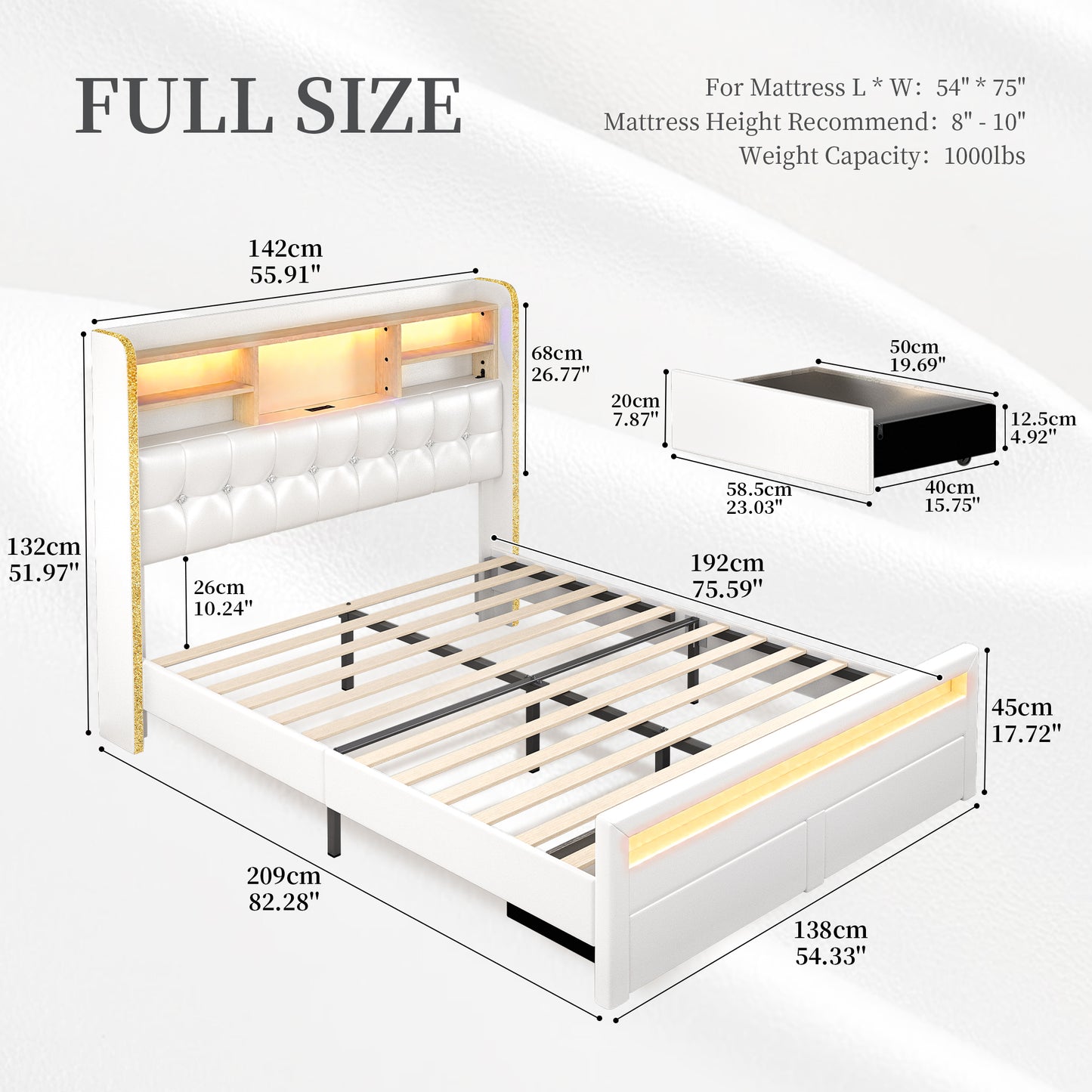 SIBEDS Queen Upholstered Bed Frame with LED Bookcase Headboard, Storage Drawers, USB Charging Ports, and Tufted Wingback Design, White/Black/Cream/Gray