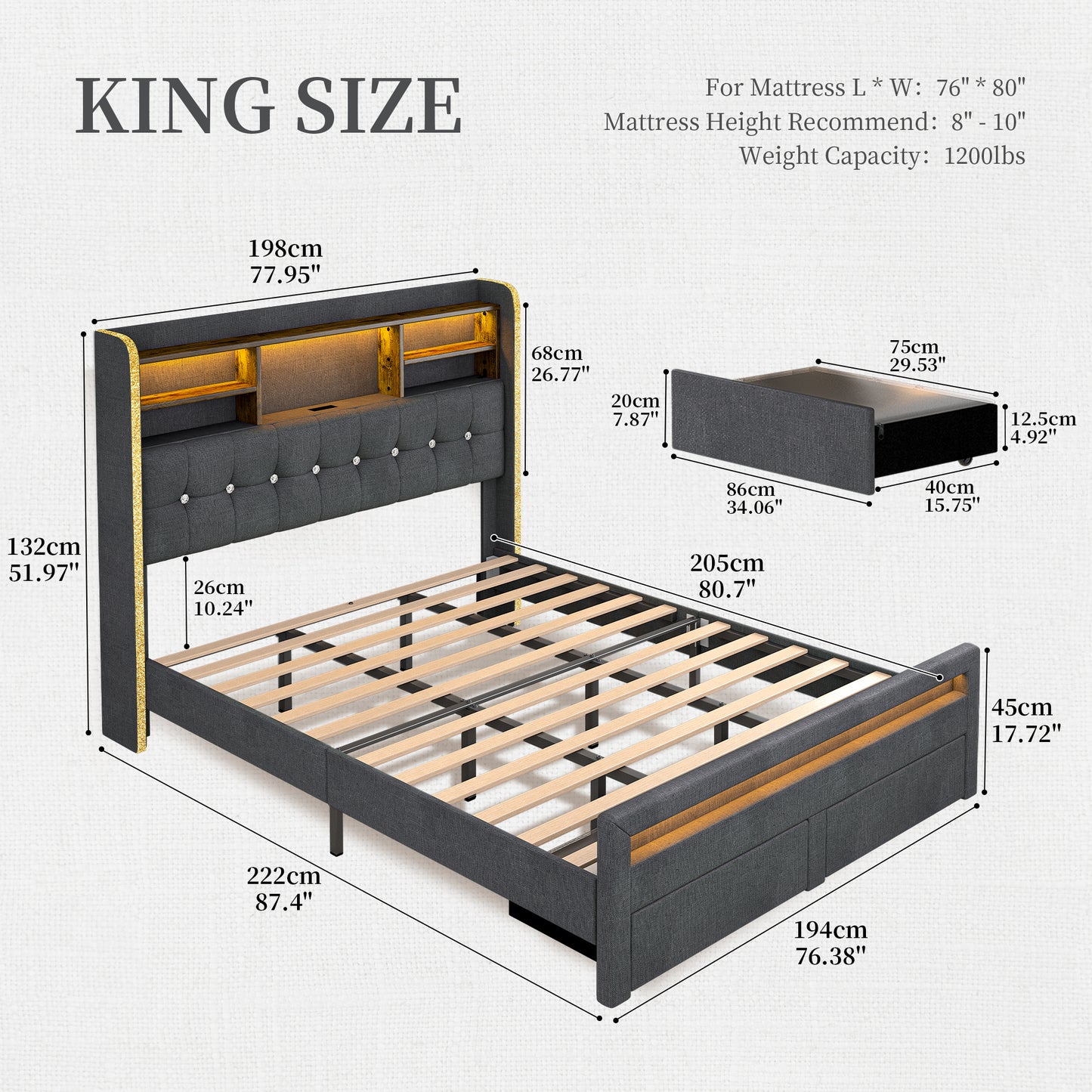 SIBEDS Queen Upholstered Bed Frame with LED Bookcase Headboard, Storage Drawers, USB Charging Ports, and Tufted Wingback Design, White/Black/Cream/Gray