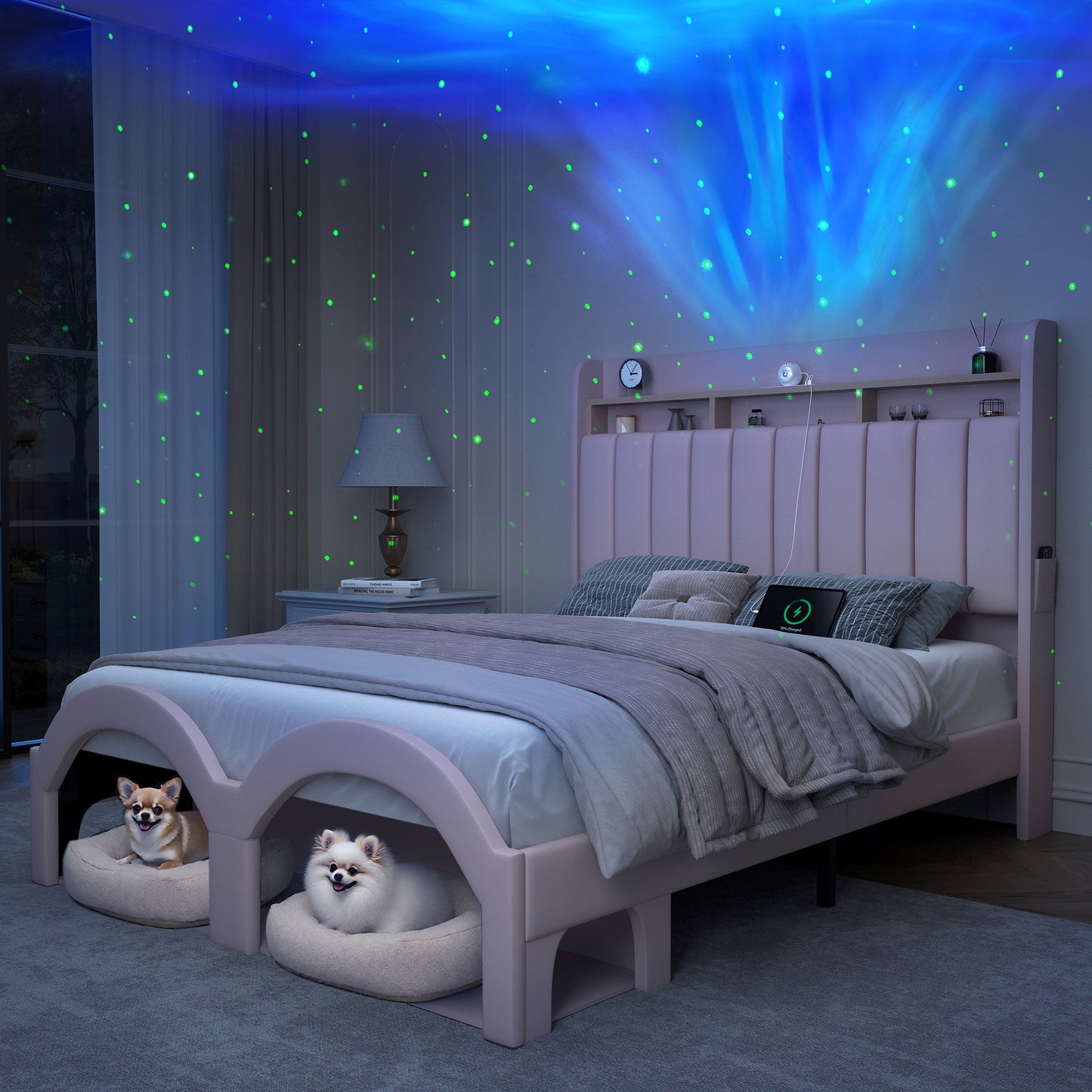 SIBEDS Queen Bed Frame with 2-Tier Storage Headboard, Faux Leather Aurora Platform Beds with Galaxy Star Projector, Scratch-resistant Upholstered Bedframe with Pet Rest Area for Dogs Cats, Black