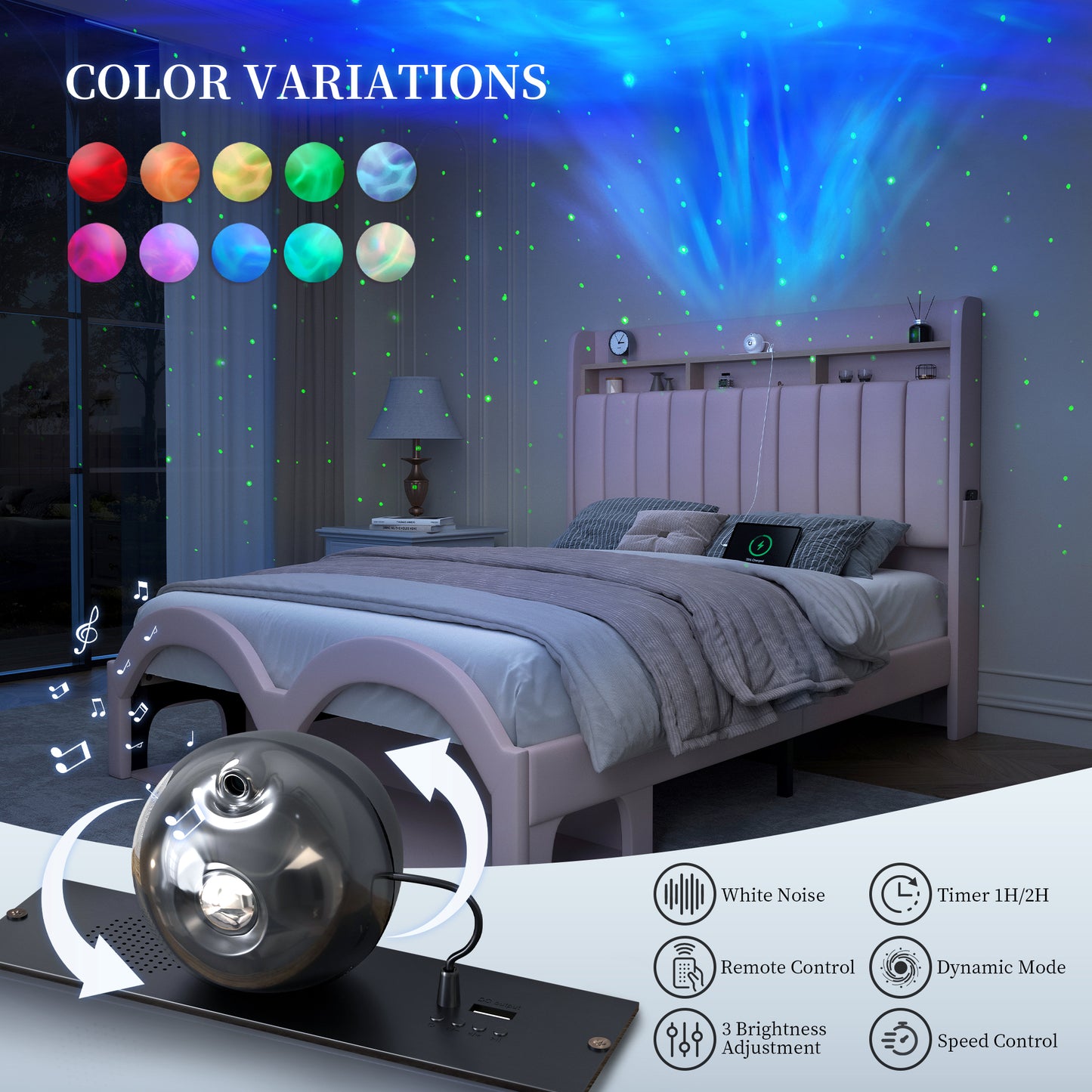 SIBEDS Queen Bed Frame with 2-Tier Storage Headboard, Faux Leather Aurora Platform Beds with Galaxy Star Projector, Scratch-resistant Upholstered Bedframe with Pet Rest Area for Dogs Cats, Black