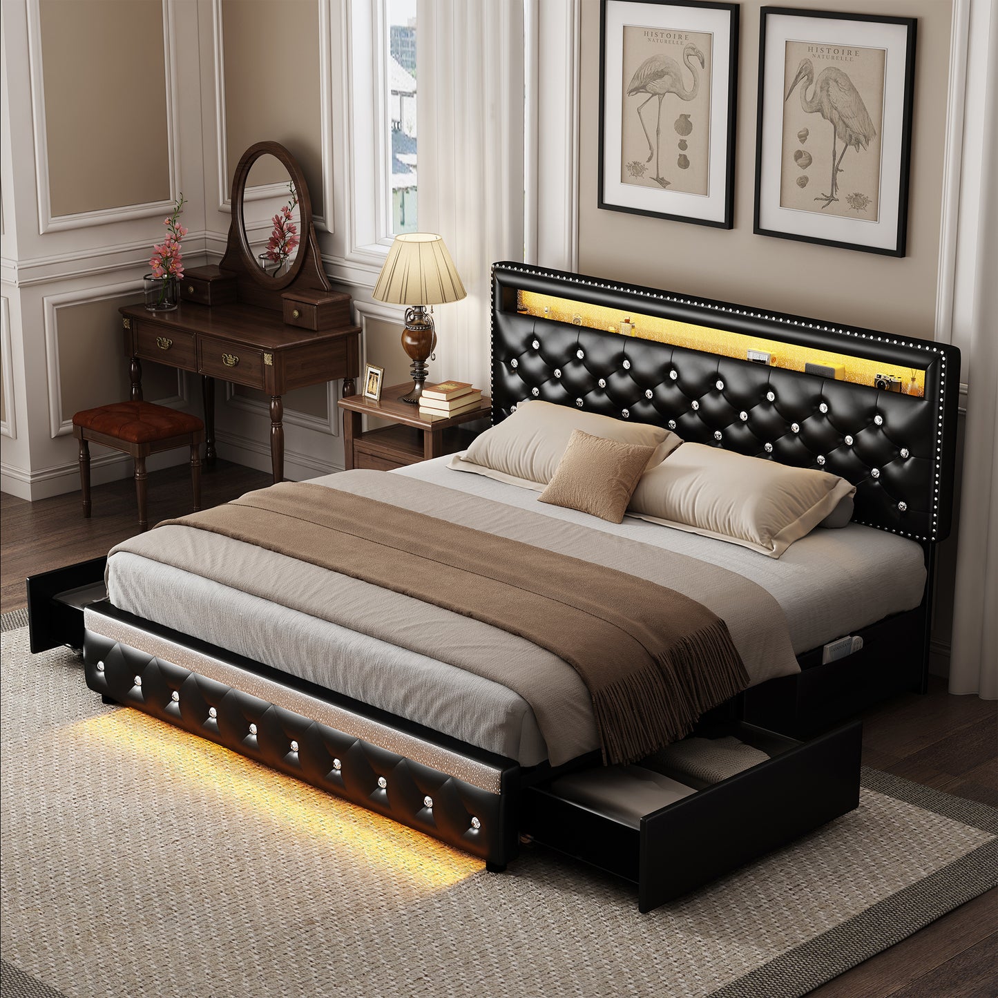 Bed Frame with RGB LED Lights, Storage Drawers, PU Leather & Velvet