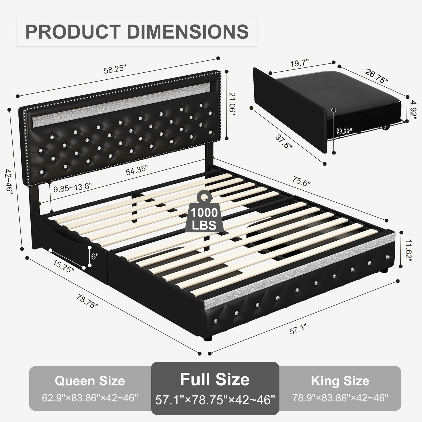 Bed Frame with RGB LED Lights, Storage Drawers, PU Leather & Velvet