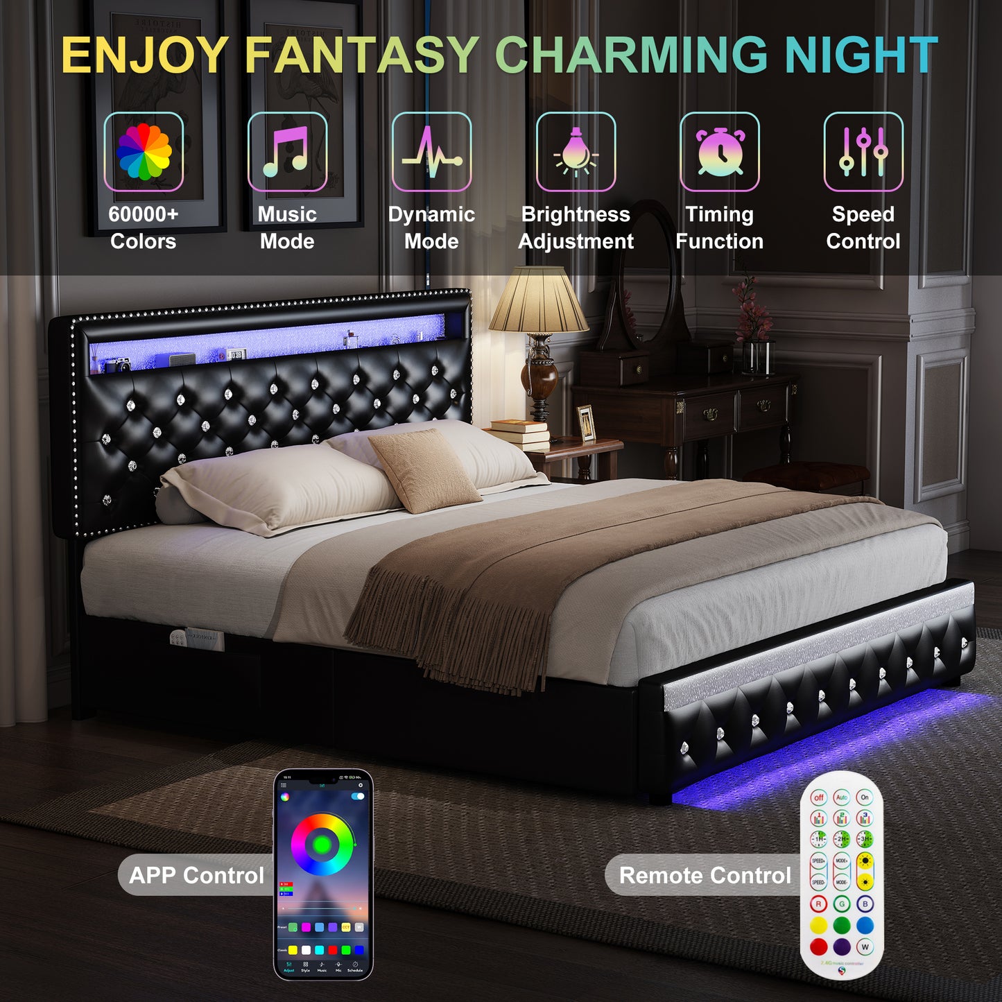 Bed Frame with RGB LED Lights, Storage Drawers, PU Leather & Velvet