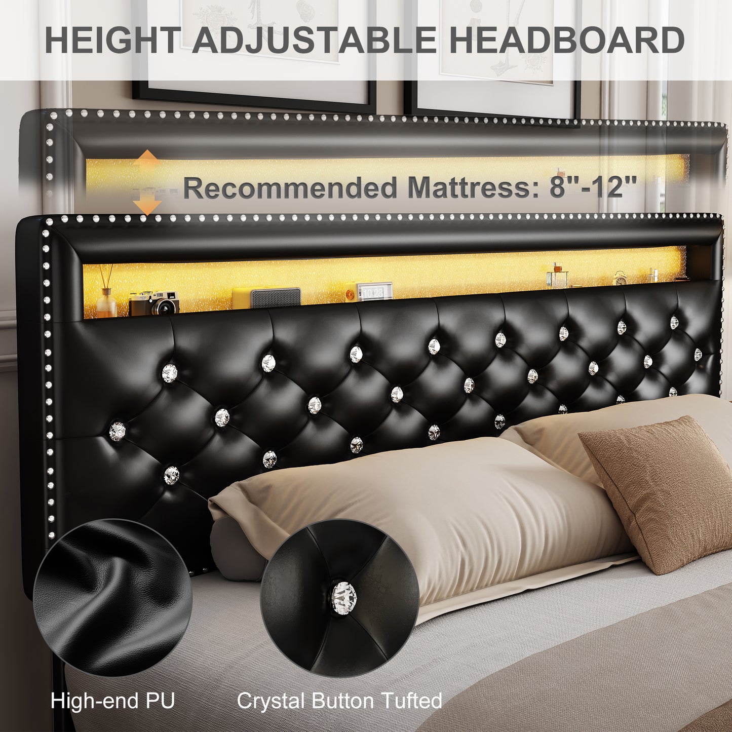 Bed Frame with RGB LED Lights, Storage Drawers, PU Leather & Velvet