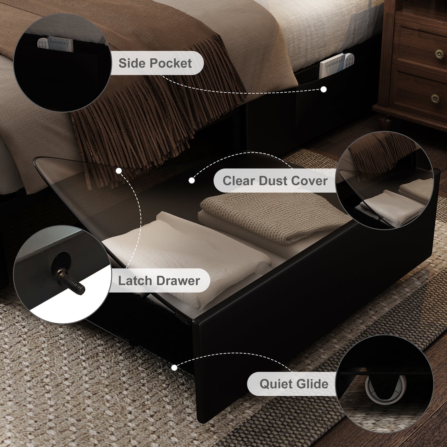 Bed Frame with RGB LED Lights, Storage Drawers, PU Leather & Velvet