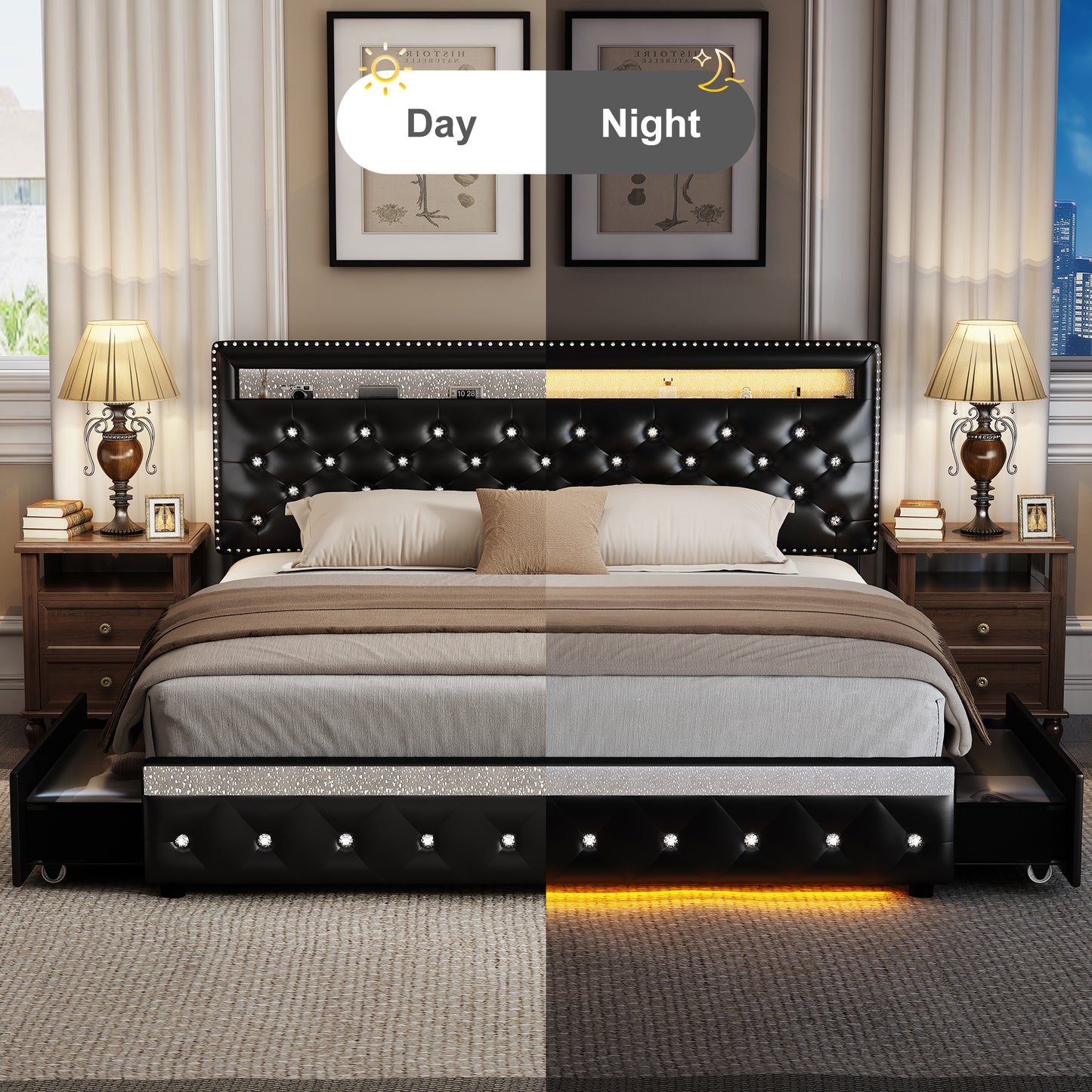 Bed Frame with RGB LED Lights, Storage Drawers, PU Leather & Velvet