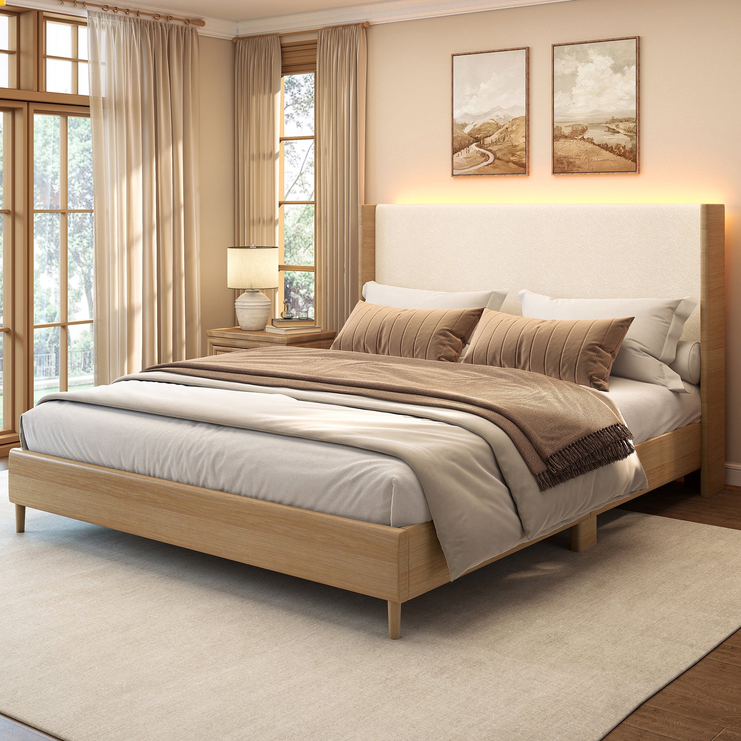 Queen LED Bed Frame with Wingback Headboard, Upholstered Platform Bed in Wood Grain Faux Leather, No Box Spring Needed, 1200 LB Capacity | SIBEDS