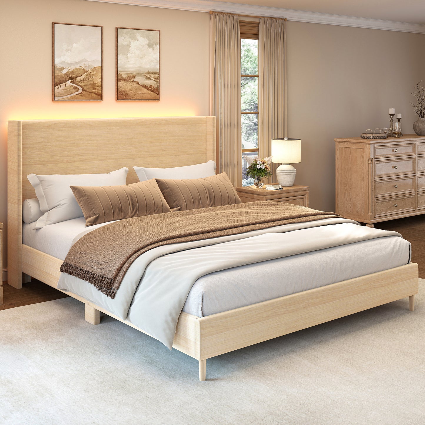SIBEDS Queen Bed Frame,Smart LED,Wood Grain Faux Leather Upholstered Platform Bed with Wingback Headboard