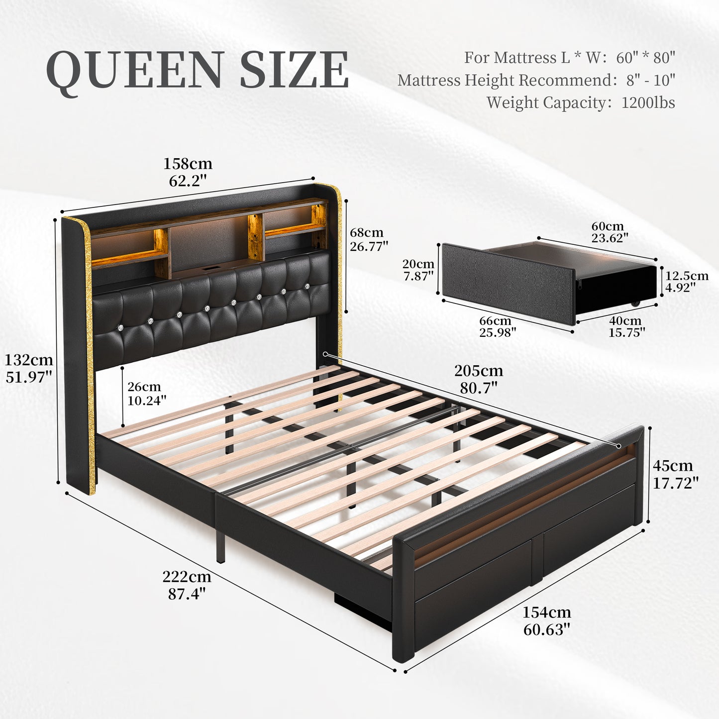 SIBEDS Queen Upholstered Bed Frame with LED Bookcase Headboard, Storage Drawers, USB Charging Ports, and Tufted Wingback Design, White/Black/Cream/Gray
