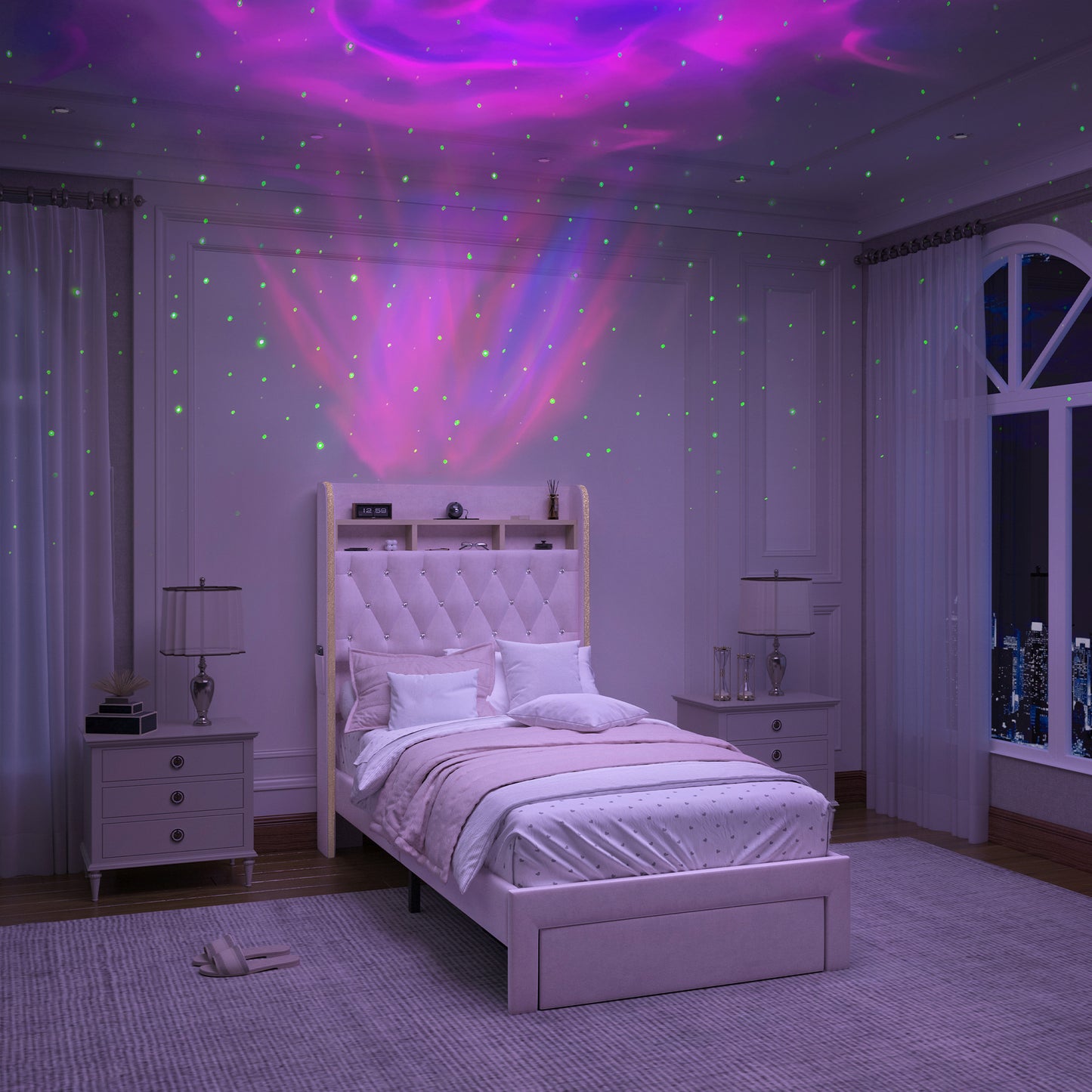 SIBEDS Aurora LED Bed Frame – Velvet Upholstered with Star Projector, Bluetooth Speakers & Storage Drawers