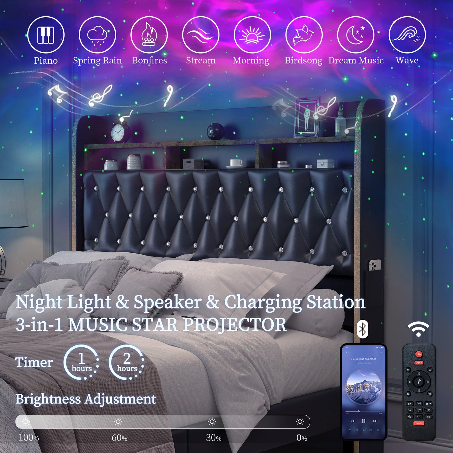 Queen LED Bed Frame with Storage Drawers, Velvet Upholstered Platform Beds with Galaxy Star Projector Charging Station Speaker, Aurora Bedframe with 2-Tier Storage Headboard, Noise-Free, Black