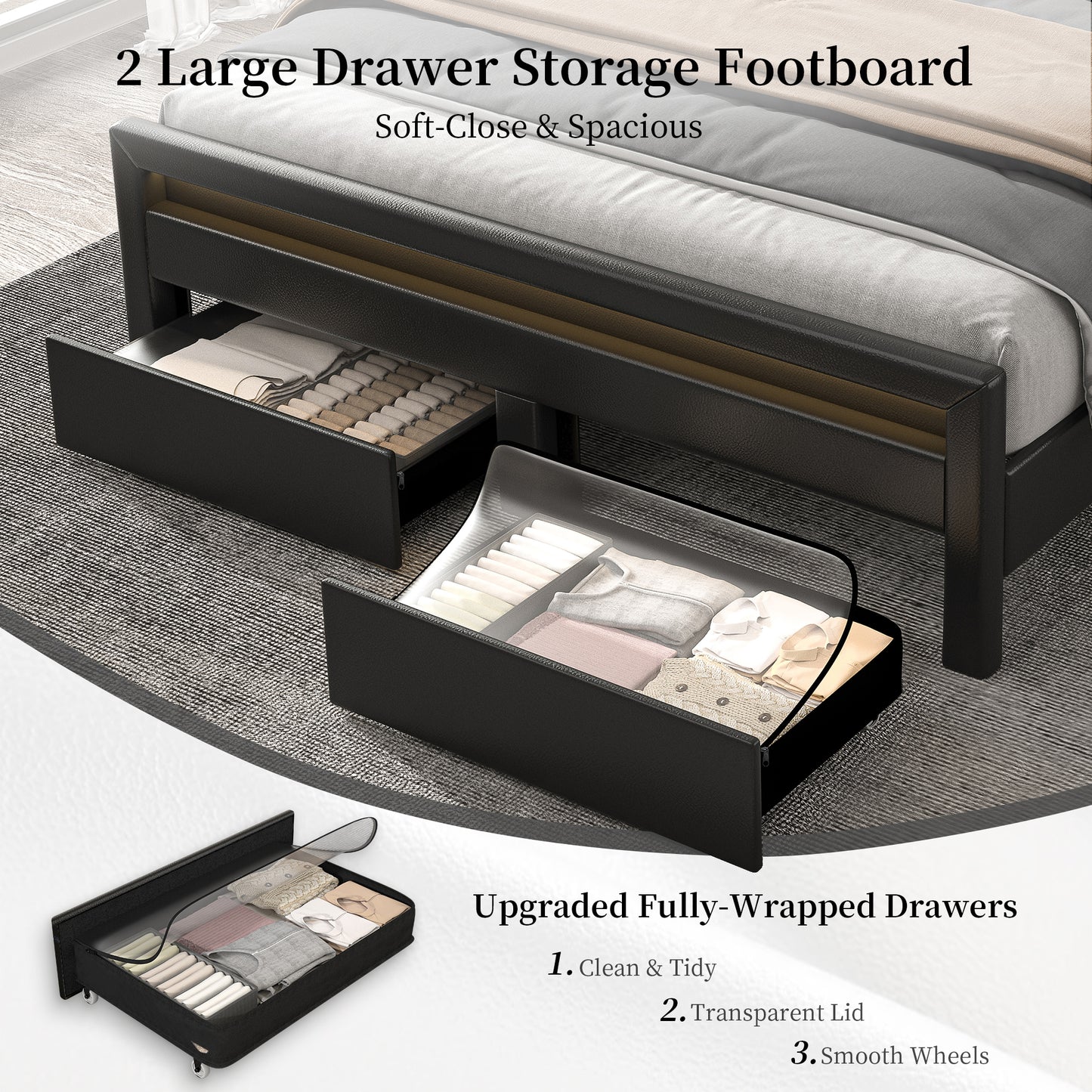 SIBEDS Queen Upholstered Bed Frame with LED Bookcase Headboard, Storage Drawers, USB Charging Ports, and Tufted Wingback Design, White/Black/Cream/Gray