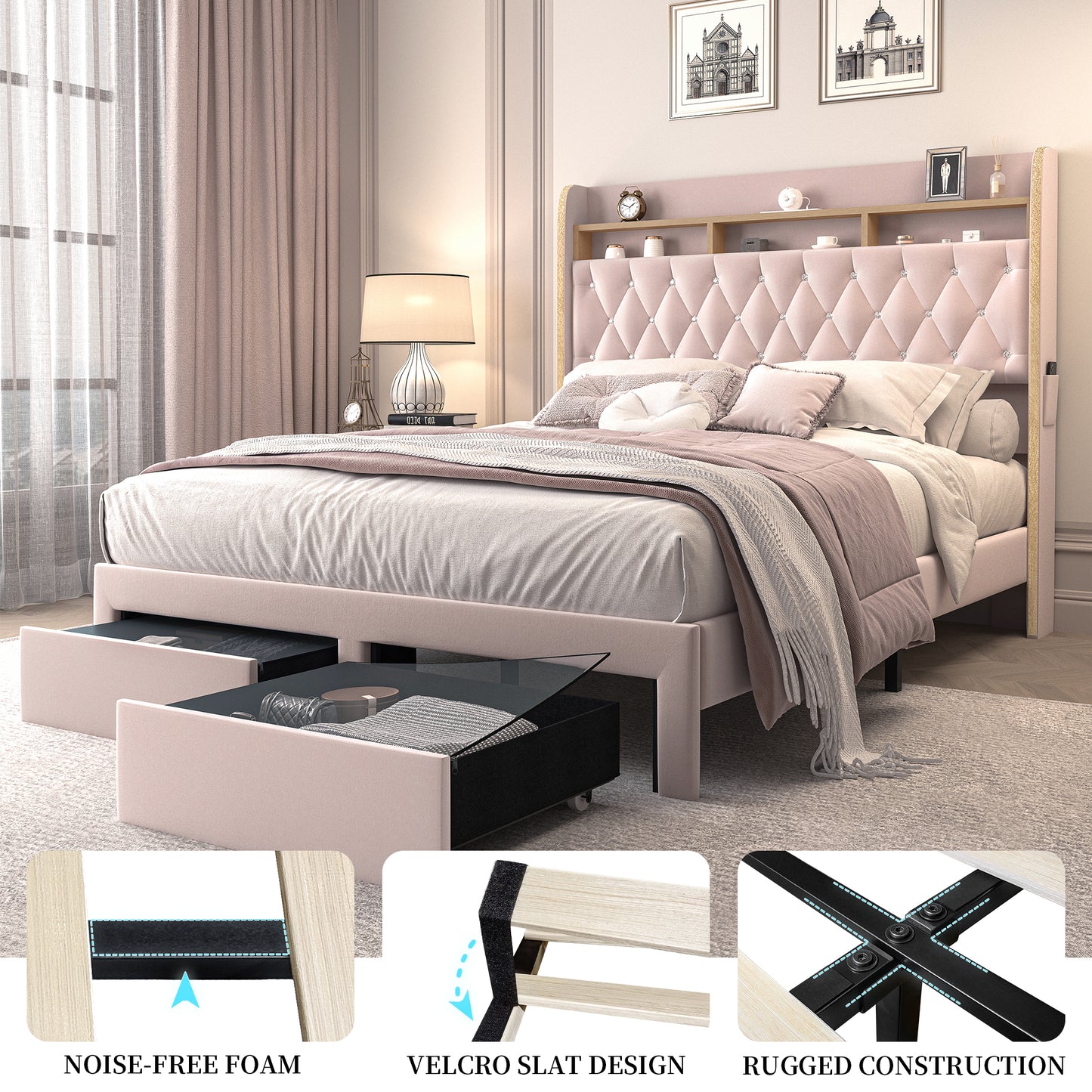 SIBEDS Aurora LED Bed Frame – Velvet Upholstered with Star Projector, Bluetooth Speakers & Storage Drawers