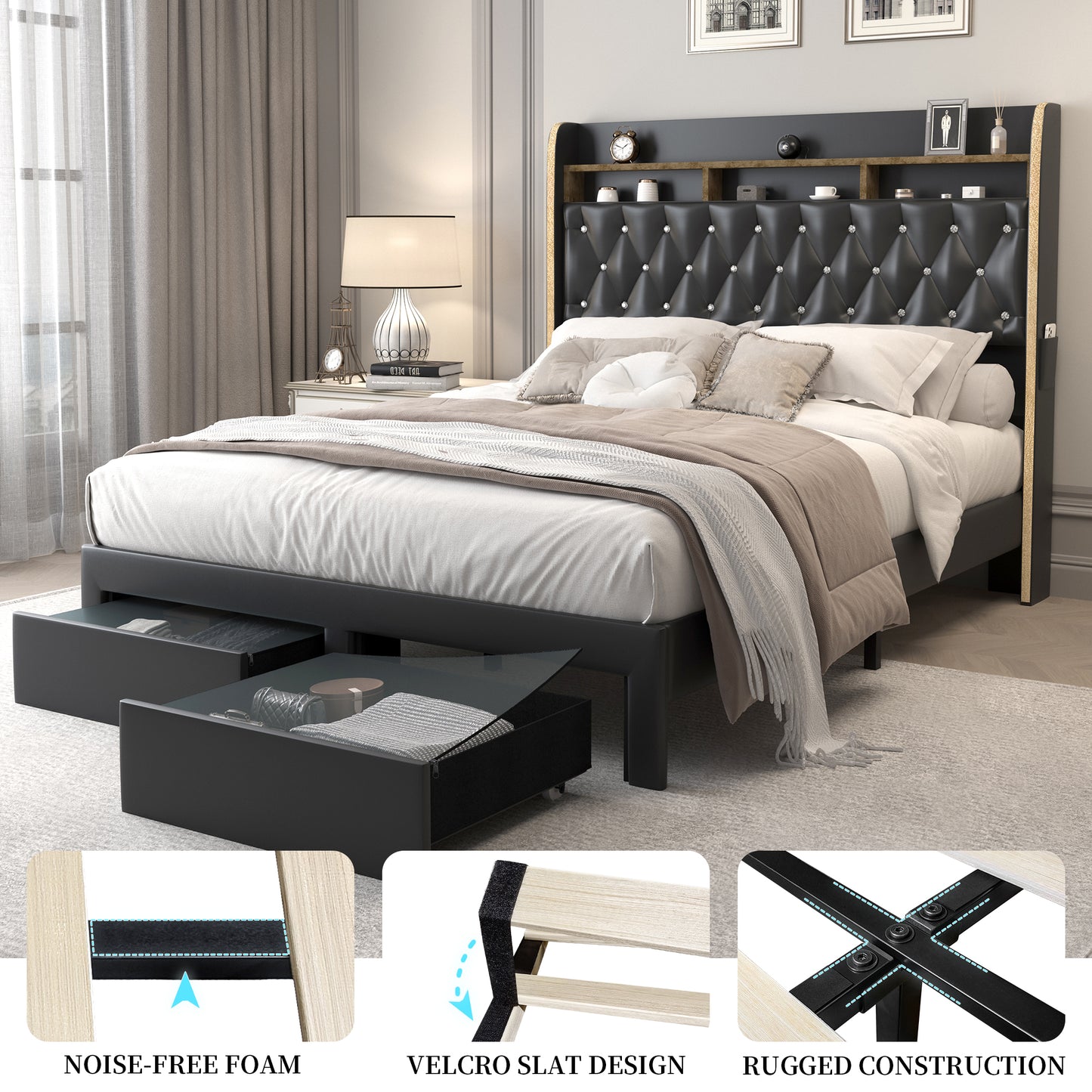 Queen LED Bed Frame with Storage Drawers, Velvet Upholstered Platform Beds with Galaxy Star Projector Charging Station Speaker, Aurora Bedframe with 2-Tier Storage Headboard, Noise-Free, Black