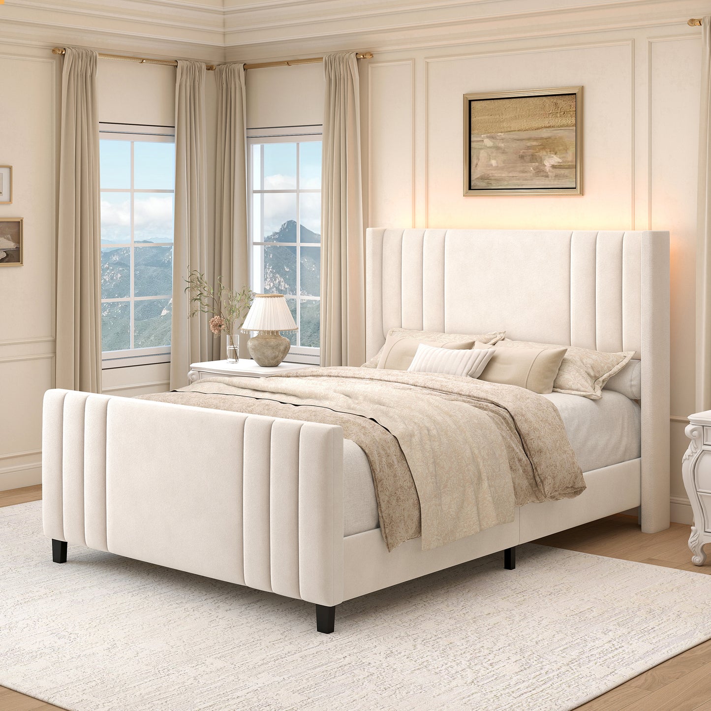 SIBEDS Velvet Upholstered Bed Frame with LED Lights, Smart App Controlled Wingback Platform Bed, Modern Double & King Size Bed Frame with High Footboard, Noise Free Wooden Slats, No Box Spring Required