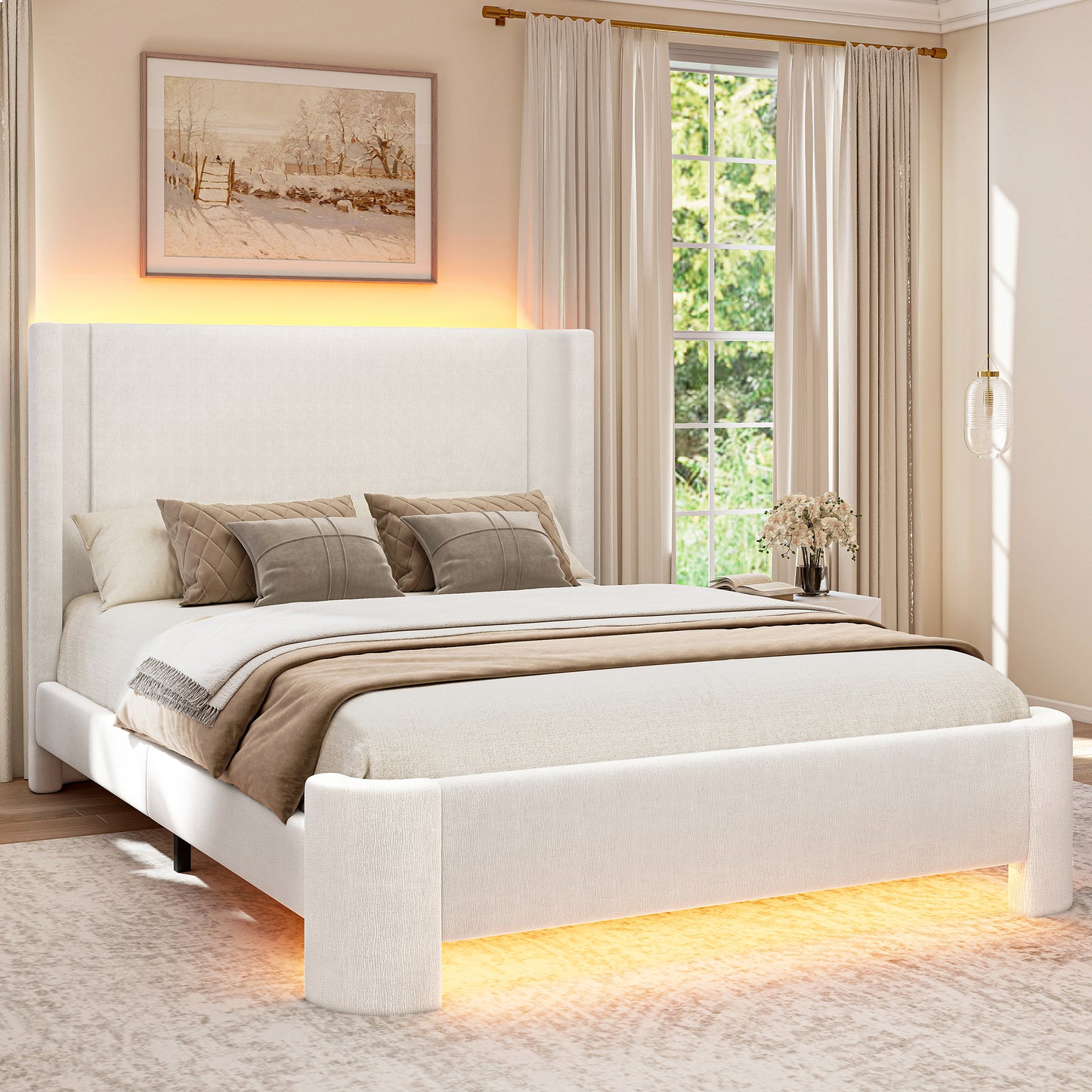 SIBEDS LED Bed Frame with Smart App & Remote Control, Upholstered Linen & PU Finish Double (4ft6) and King Size (5ft) Platform Bed, Extra Tall Headboard, Noise Free Heavy Duty Frame