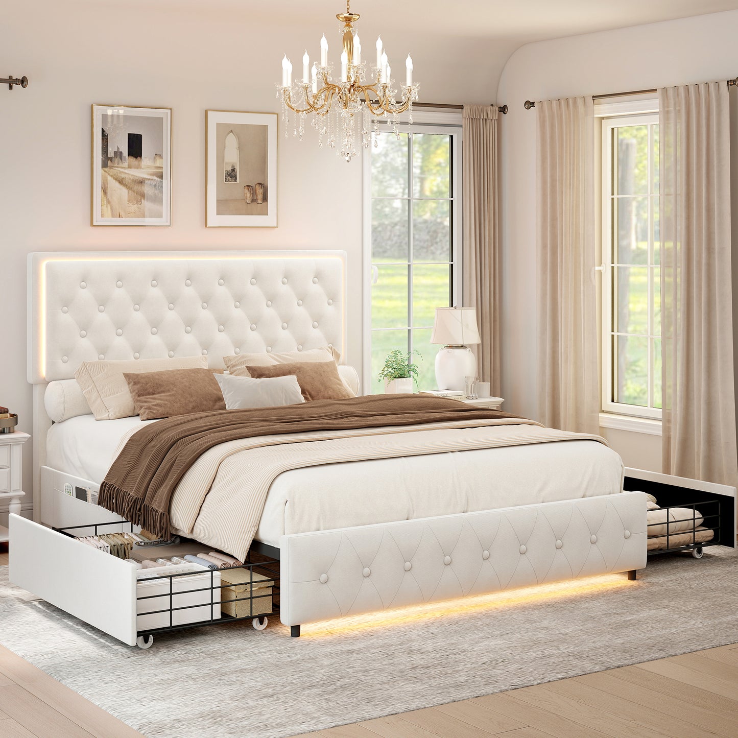 SIBEDS Storage Bed Frame with 2 Drawers and LED Lights, Smart App Controlled Upholstered Double & King Size Bed, Adjustable Wingback Headboard, PU Leather & Velvet Platform Bed, No Box Spring Needed