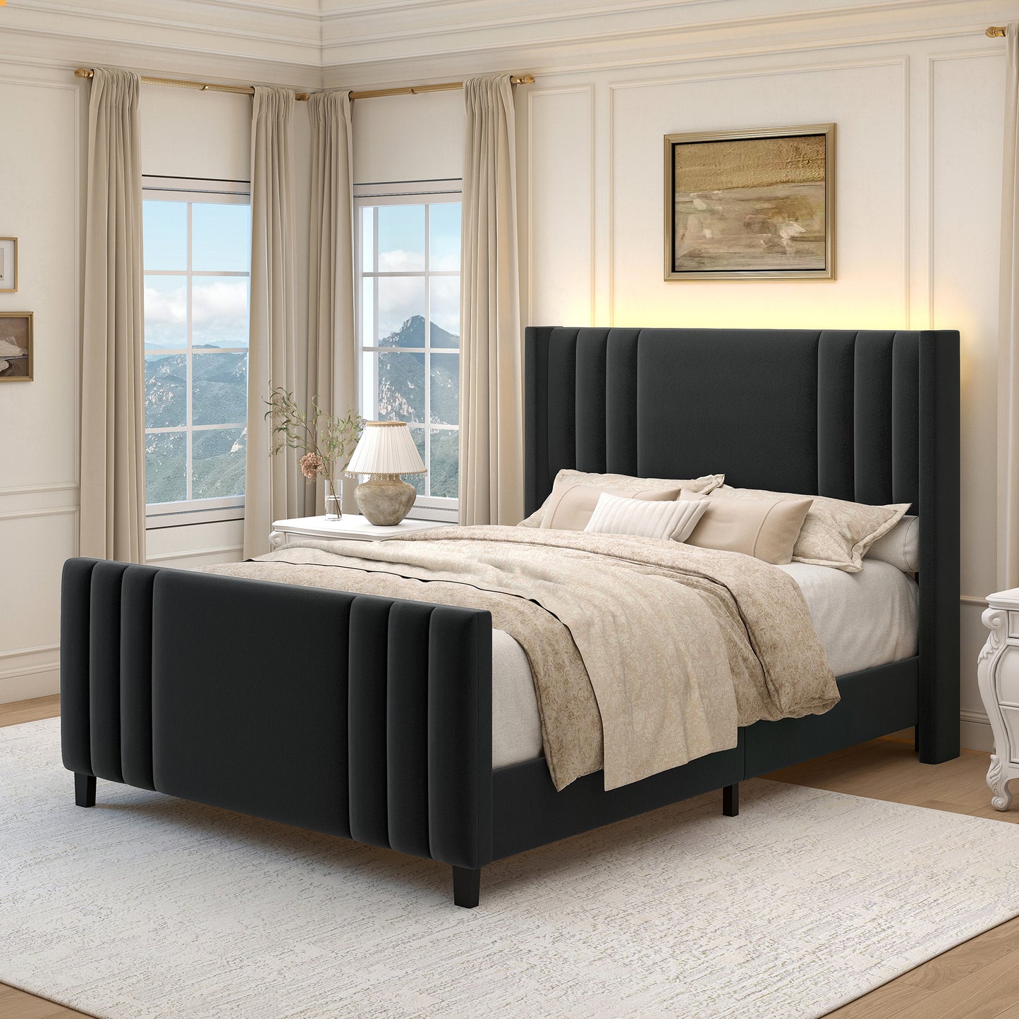 SIBEDS Velvet Upholstered Bed Frame with LED Lights, Smart App Controlled Wingback Platform Bed, Modern Double & King Size Bed Frame with High Footboard, Noise Free Wooden Slats, No Box Spring Required