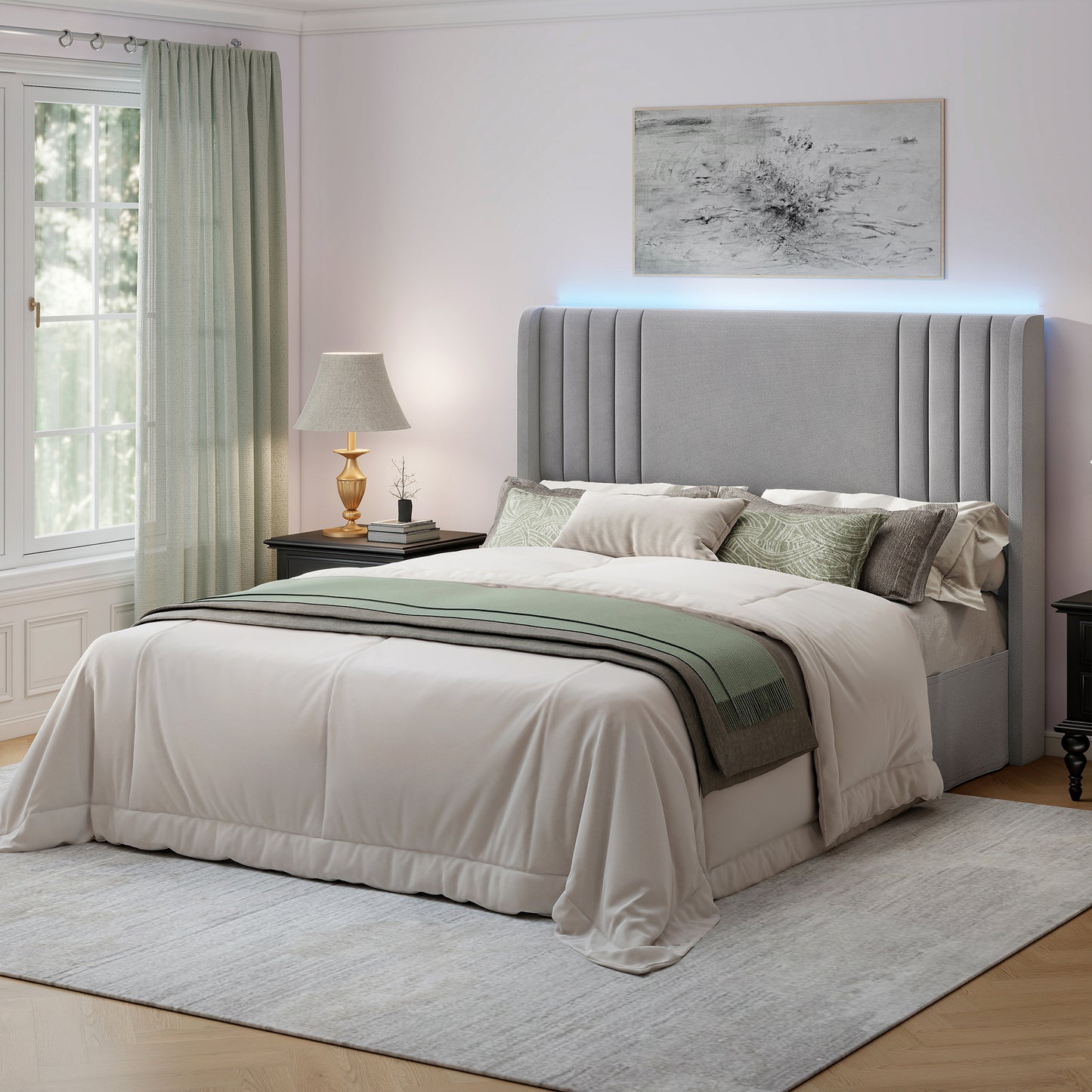 SIBEDS LED Storage Bed Frame with Smart App & Remote Control, Velvet & PU Leather Upholstered Double (4ft6) & King Size (5ft) Platform Bed, Extra Tall Headboard, Noise Free Heavy Duty Frame