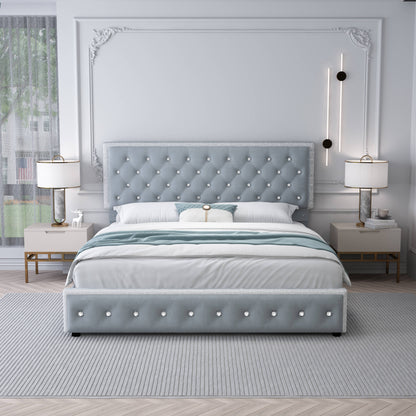 SIBEDS Luxury Platform Bed with 2 Storage Drawers, 2 Side Pockets, and Crystal Button Tufted Headboard