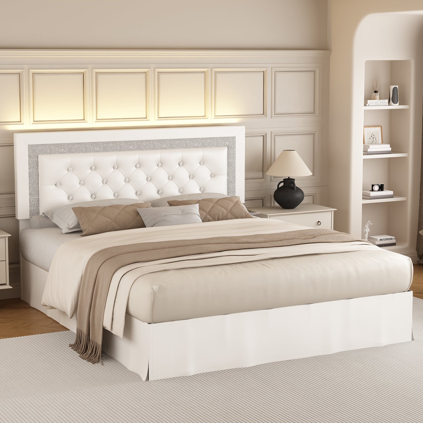 SIBEDS Queen LED Bed Frame with Adjustable Upholstered Headboard, Diamond Tufted Platform, No Box Spring Needed – Black / White / Gray