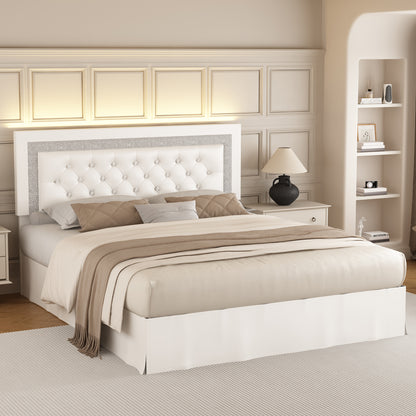 SIBEDS Queen LED Bed Frame with Adjustable Upholstered Headboard, Diamond Tufted Platform, No Box Spring Needed – Black / White / Gray