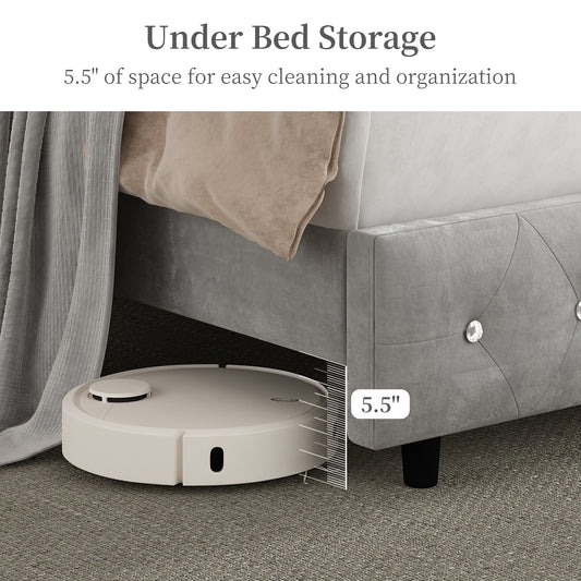 Queen Led Bed Frame with Galaxy Aurora Star Projector, Queen Platform Bed with Charging Station, 52" Upholstered Hidden Storage Headboard with Wingback, Noise Free, No Box Spring Needed, Velvet Gray