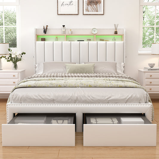 SIBEDS Queen LED Platform Bed Frame with Storage Drawers, Linen Upholstered Wingback Headboard, Channel Tufted Design, No Box Spring Needed