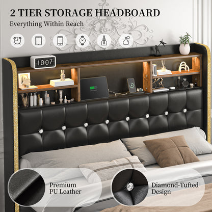 SIBEDS Queen Upholstered Bed Frame with LED Bookcase Headboard, Storage Drawers, USB Charging Ports, and Tufted Wingback Design, White/Black/Cream/Gray