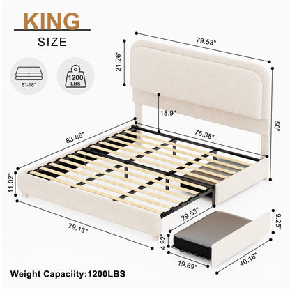 Queen LED Bed Frame with Storage Drawers, King Teddy Fleece Rounded Corner Platform Bed, Upholstered Headboard, No Box Spring Needed, Easy Assembly, Cream & Pink