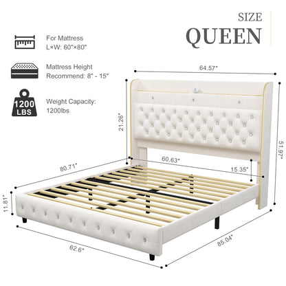Queen LED Bed Frame with Galaxy Star Projector, 52" Upholstered Headboard with Hidden Storage & Charging Station, No Box Spring Needed, Velvet Cream