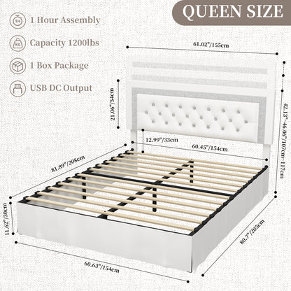 Queen LED Bed Frame with Adjustable Upholstered Headboard – Modern Diamond Tufted Platform Bed, No Box Spring Needed, Easy Assembly, Black / White / Gray | SIBEDS