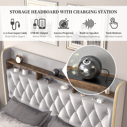 SIBEDS Aurora  LED Bed Frame – Velvet Upholstered with Star Projector, Bluetooth Speakers & Storage Drawers