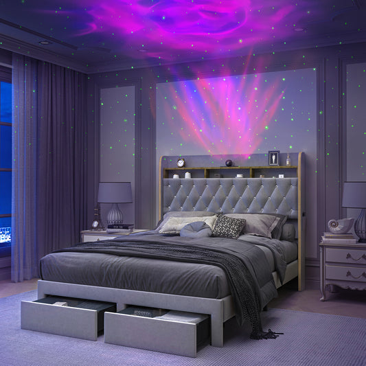 SIBEDS Aurora  LED Bed Frame – Velvet Upholstered with Star Projector, Bluetooth Speakers & Storage Drawers