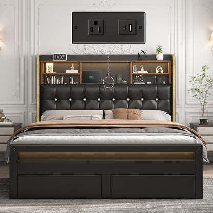 SIBEDS Queen Upholstered Bed Frame with LED Bookcase Headboard, Storage Drawers, USB Charging Ports, and Tufted Wingback Design, White/Black/Cream/Gray
