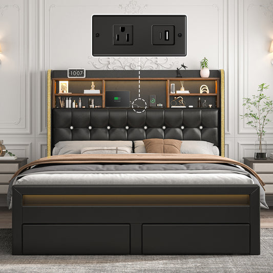 SIBEDS Queen Upholstered Bed Frame with LED Bookcase Headboard, Storage Drawers, USB Charging Ports, and Tufted Wingback Design, White/Black/Cream/Gray