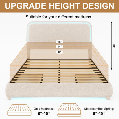 Queen LED Bed Frame with Storage Drawers, King Teddy Fleece Rounded Corner Platform Bed, Upholstered Headboard, No Box Spring Needed, Easy Assembly, Cream & Pink