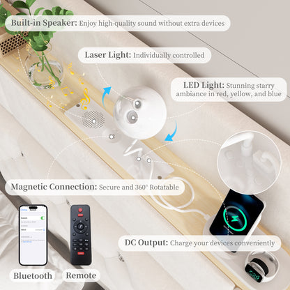 Queen LED Bed Frame with Galaxy Star Projector, 52" Upholstered Headboard with Hidden Storage & Charging Station, No Box Spring Needed, Velvet Cream