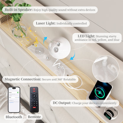 Queen LED Bed Frame with Galaxy Projector, Storage Headboard, Charging Station, Wingback Design, No Box Spring Needed, PU White
