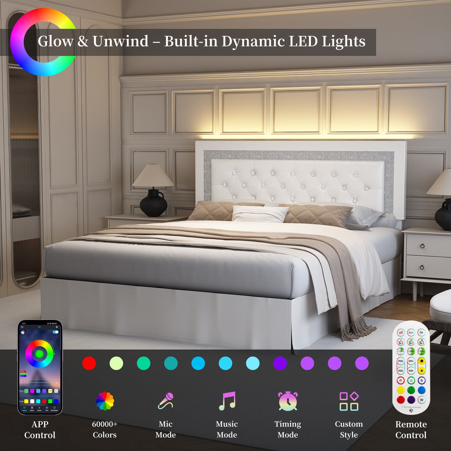 SIBEDS Queen LED Bed Frame with Adjustable Upholstered Headboard, Diamond Tufted Platform, No Box Spring Needed – Black / White / Gray