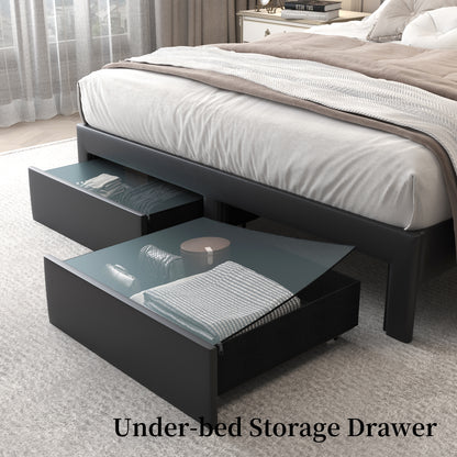 Queen LED Bed Frame with Storage Drawers, Velvet Upholstered Platform Beds with Galaxy Star Projector Charging Station Speaker, Aurora Bedframe with 2-Tier Storage Headboard, Noise-Free, Black