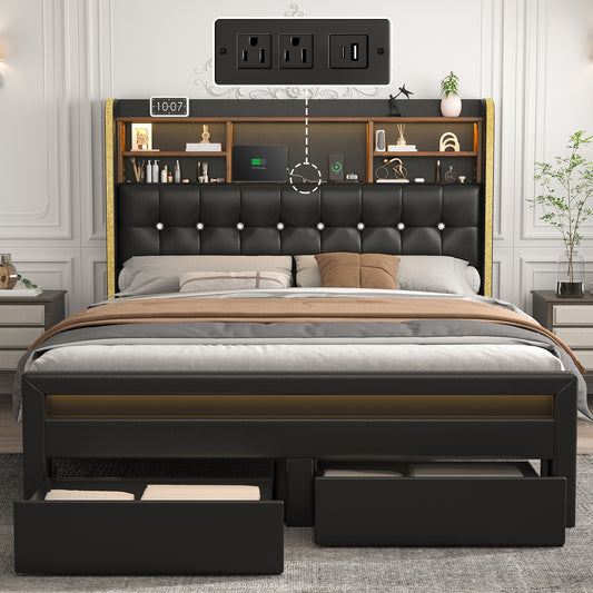 SIBEDS Queen Upholstered LED Bed Frame with Storage Drawers, Bookcase Headboard, USB Charging Ports & Tufted Wingback Design – Modern Platform Bed, Black/White/Cream/Gray