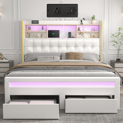 SIBEDS Queen Upholstered Bed Frame with LED Bookcase Headboard, Storage Drawers, USB Charging Ports, and Tufted Wingback Design, White/Black/Cream/Gray