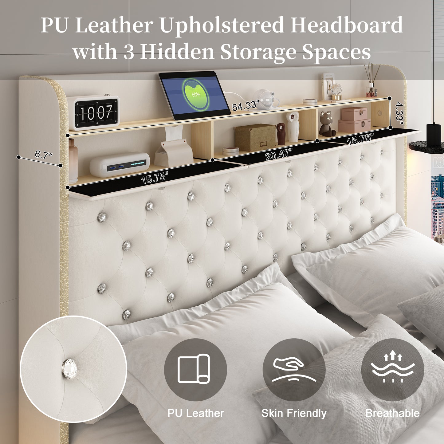 Queen LED Bed Frame with Galaxy Projector, Storage Headboard, Charging Station, Wingback Design, No Box Spring Needed, PU White