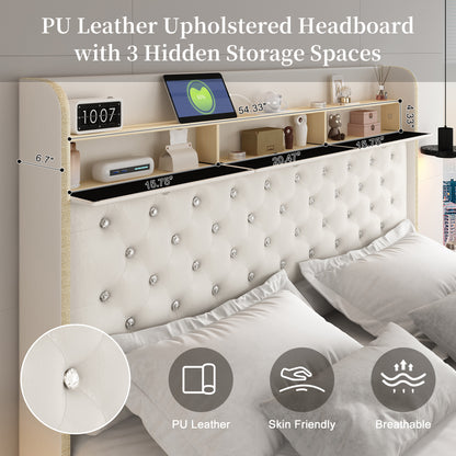 Queen LED Bed Frame with Galaxy Projector, Storage Headboard, Charging Station, Wingback Design, No Box Spring Needed, PU White