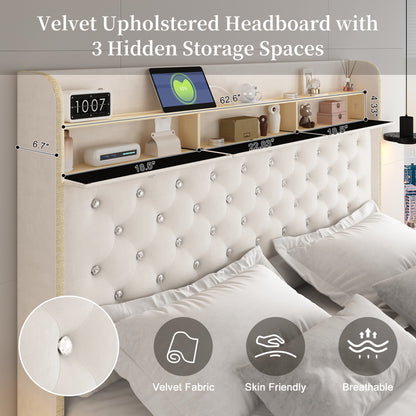 Queen LED Bed Frame with Galaxy Star Projector, 52" Upholstered Headboard with Hidden Storage & Charging Station, No Box Spring Needed, Velvet Cream