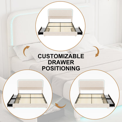 Queen LED Bed Frame with Storage Drawers, King Teddy Fleece Rounded Corner Platform Bed, Upholstered Headboard, No Box Spring Needed, Easy Assembly, Cream & Pink