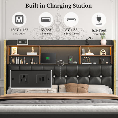 SIBEDS Queen Upholstered Bed Frame with LED Bookcase Headboard, Storage Drawers, USB Charging Ports, and Tufted Wingback Design, White/Black/Cream/Gray